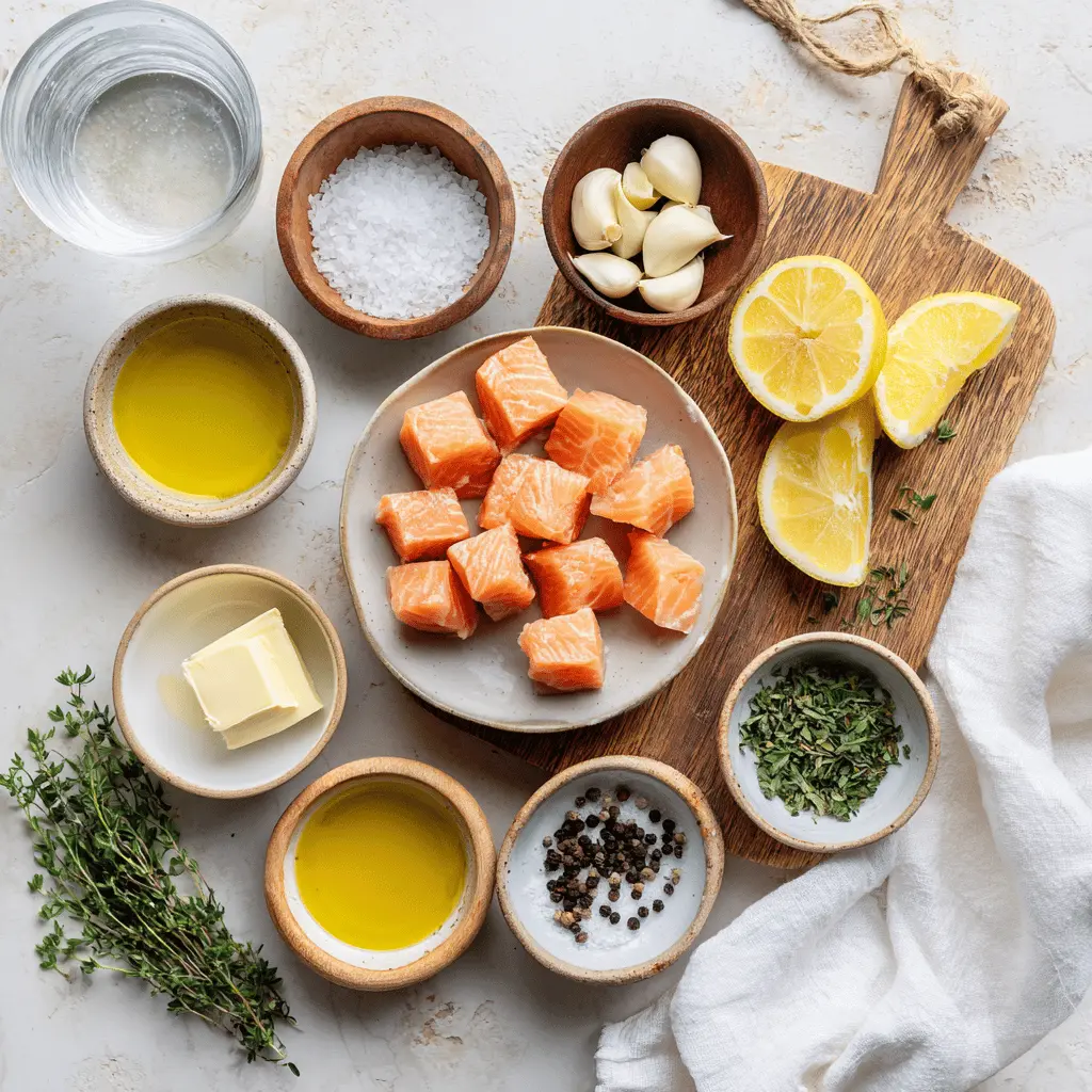 Crispy Air Fryer Salmon Bites: Easy Irresistible Recipe 2 Ingredients for Crispy Air Fryer Salmon Bites including cubed salmon, garlic, butter, herbs, and lemon on a white background