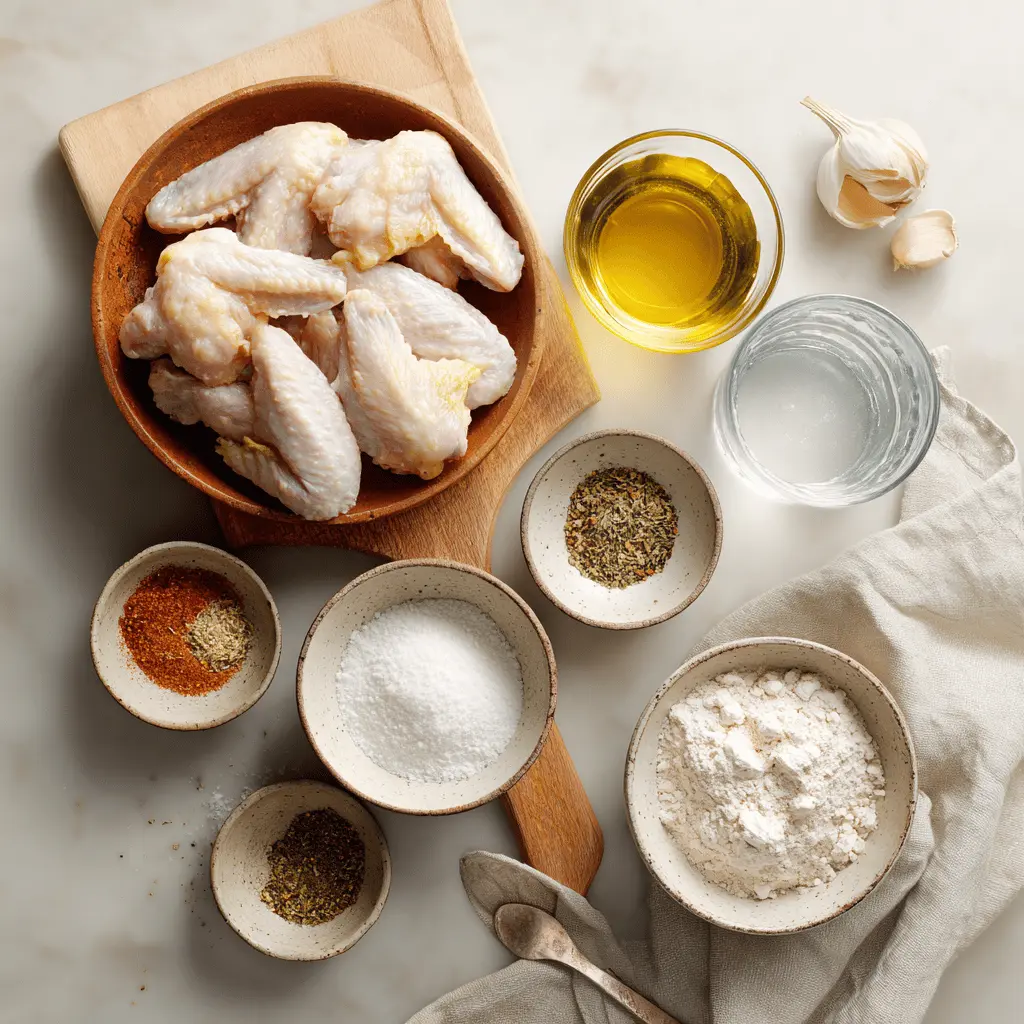 Crispy Baked Chicken Wings: Simple Delicious Recipe 2 Ingredients for Crispy Baked Chicken Wings laid out on white surface including chicken wings, spices, and oil