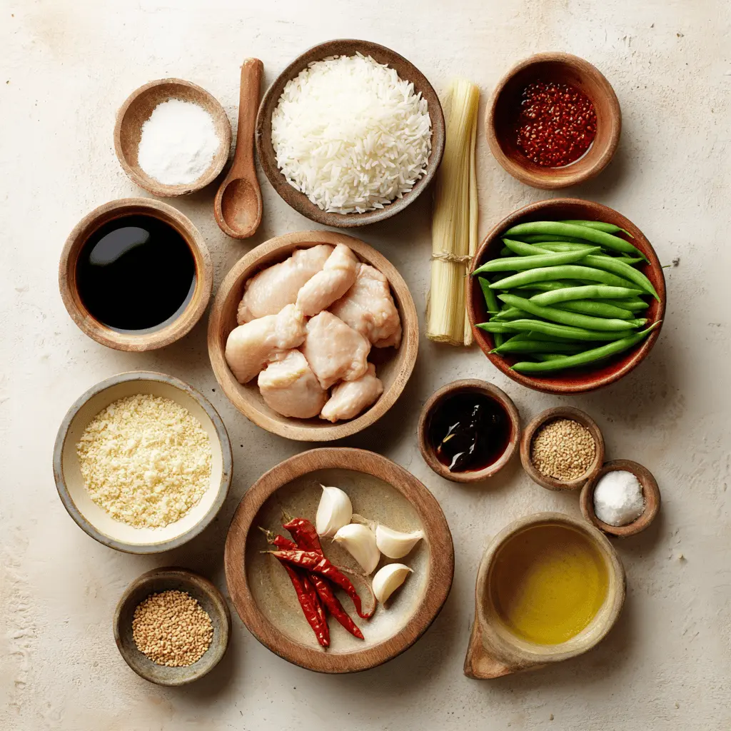 Ingredients laid out for crispy pepper chicken thigh including diced chicken thighs, black pepper, hoisin sauce, cornflour, garlic, and lemongrass
