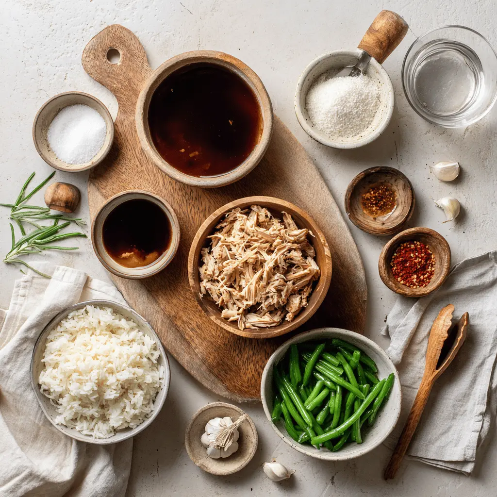 Ingredients for Crockpot Honey Garlic Chicken on a countertop: raw chicken breasts, honey jar, garlic cloves, soy sauce bottle, apple cider vinegar, and red pepper flakes