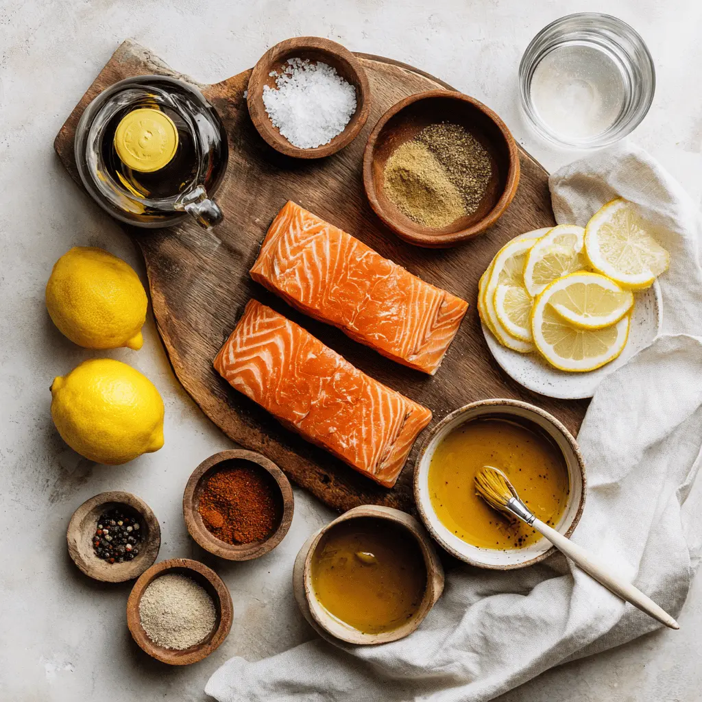 Ingredients for Damn Air Fryer Salmon including salmon fillets, lemon slices, honey soy glaze, olive oil, and seasonings on countertop