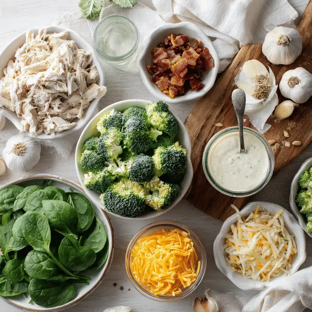 Ingredients for easy low carb chicken casserole including shredded chicken, broccoli, bacon, ranch dressing, and cheese