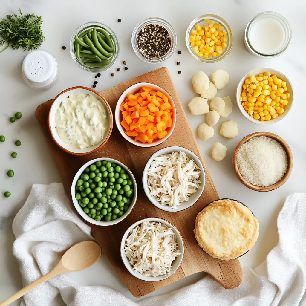 Ingredients for Easy Slow Cooker Chicken Pot Pie with shredded chicken, creamy base, golden biscuits, and veggies
