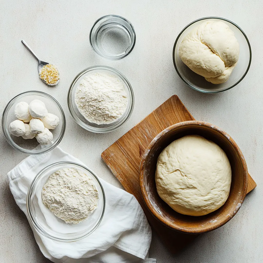 Ingredients for Easy Small Batch Ciabatta Rolls including flour, yeast, and water on a white napkin