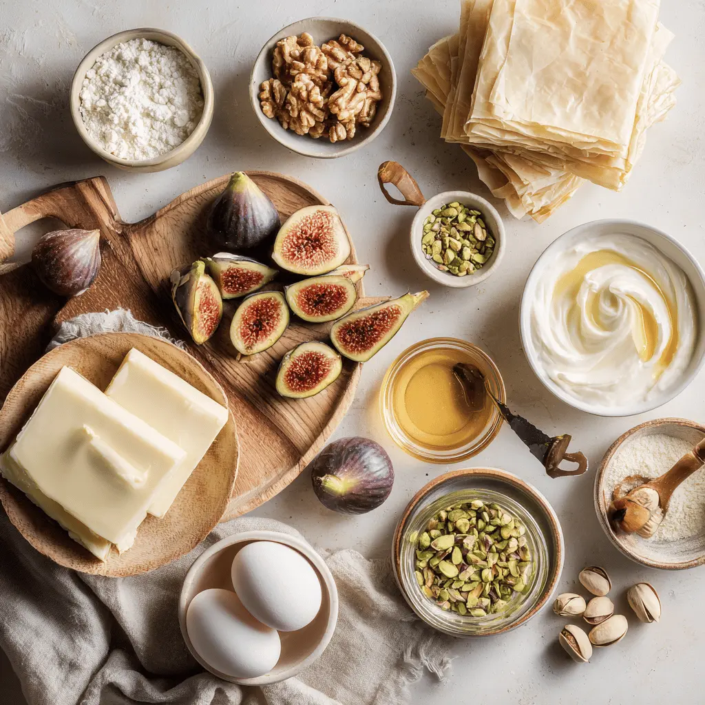 Table of ingredients for homemade Fig Soufra with Fillo pastry, fresh figs, cream, eggs, pistachios, and honey glaze