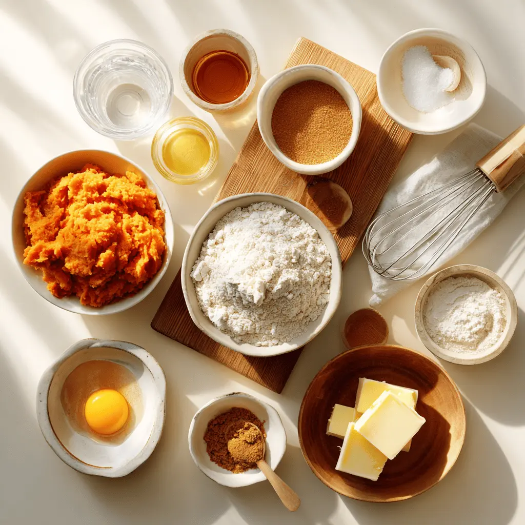 Ingredients for making fluffy sweet potato pancakes laid out on counter including sweet potato, flour, eggs, milk, and spices
