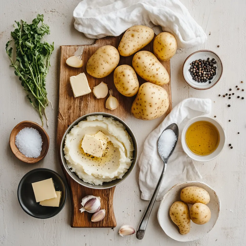 Ingredients for garlic mashed potatoes including Yukon Gold and Russet potatoes, olive oil, roasted garlic, sea salt, and butter