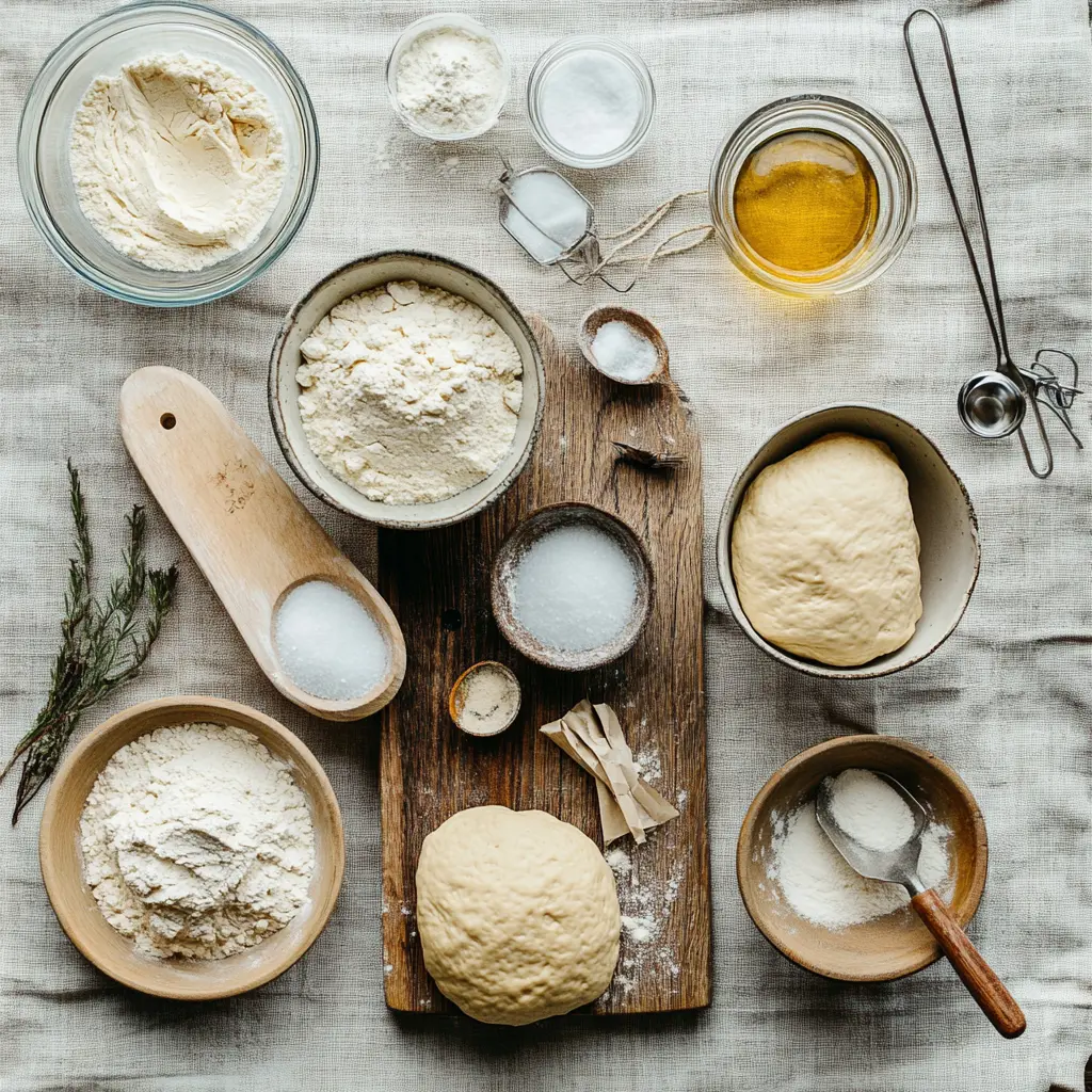 Ingredients for golden sourdough bread including flour, water, sourdough starter, salt and honey arranged on a table