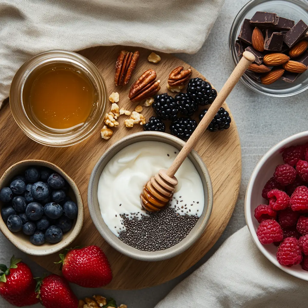 Ingredients for Greek yogurt chia pudding including Greek yogurt, chia seeds, almond milk, maple syrup, and fresh berries