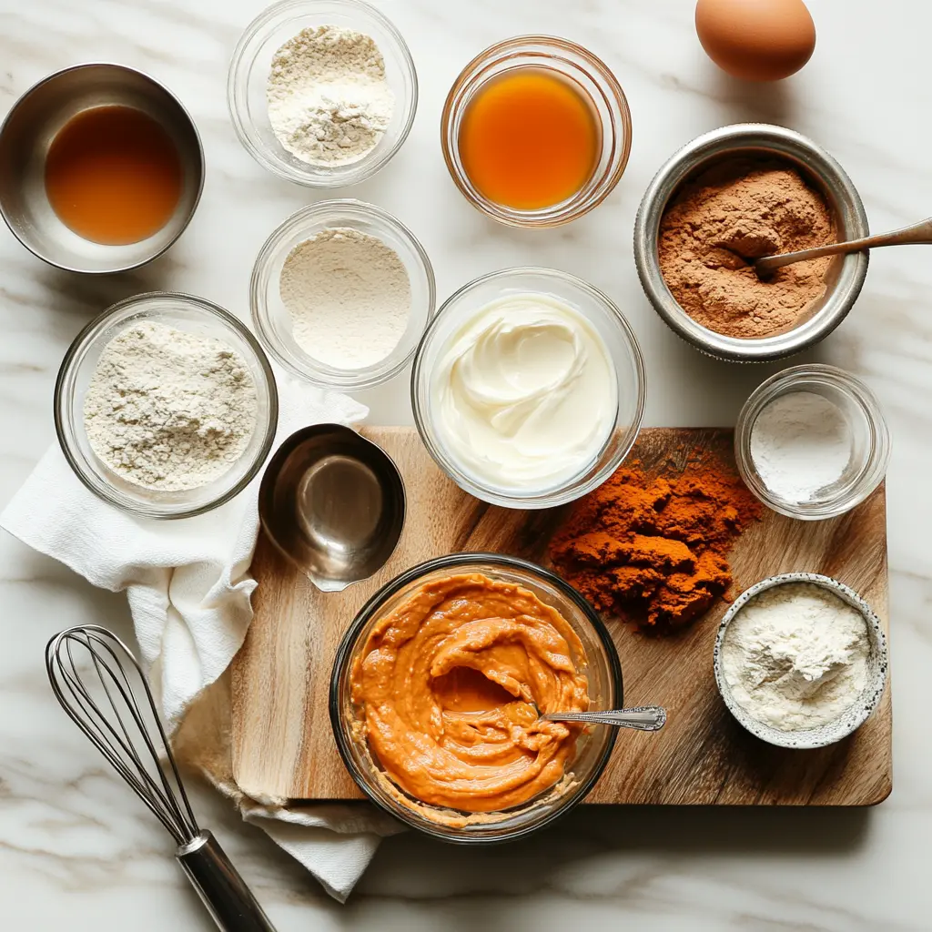 Ingredients for Greek Yogurt Pumpkin Muffins including pumpkin puree, Greek yogurt, oats, and cinnamon