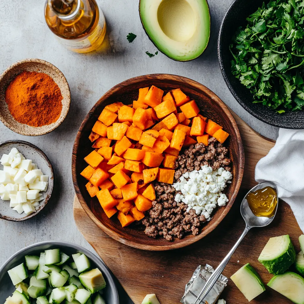 Ground Beef Hot Honey Bowl ingredients with roasted sweet potatoes, sliced avocado, white cheese crumbles, and taco-seasoned ground beef