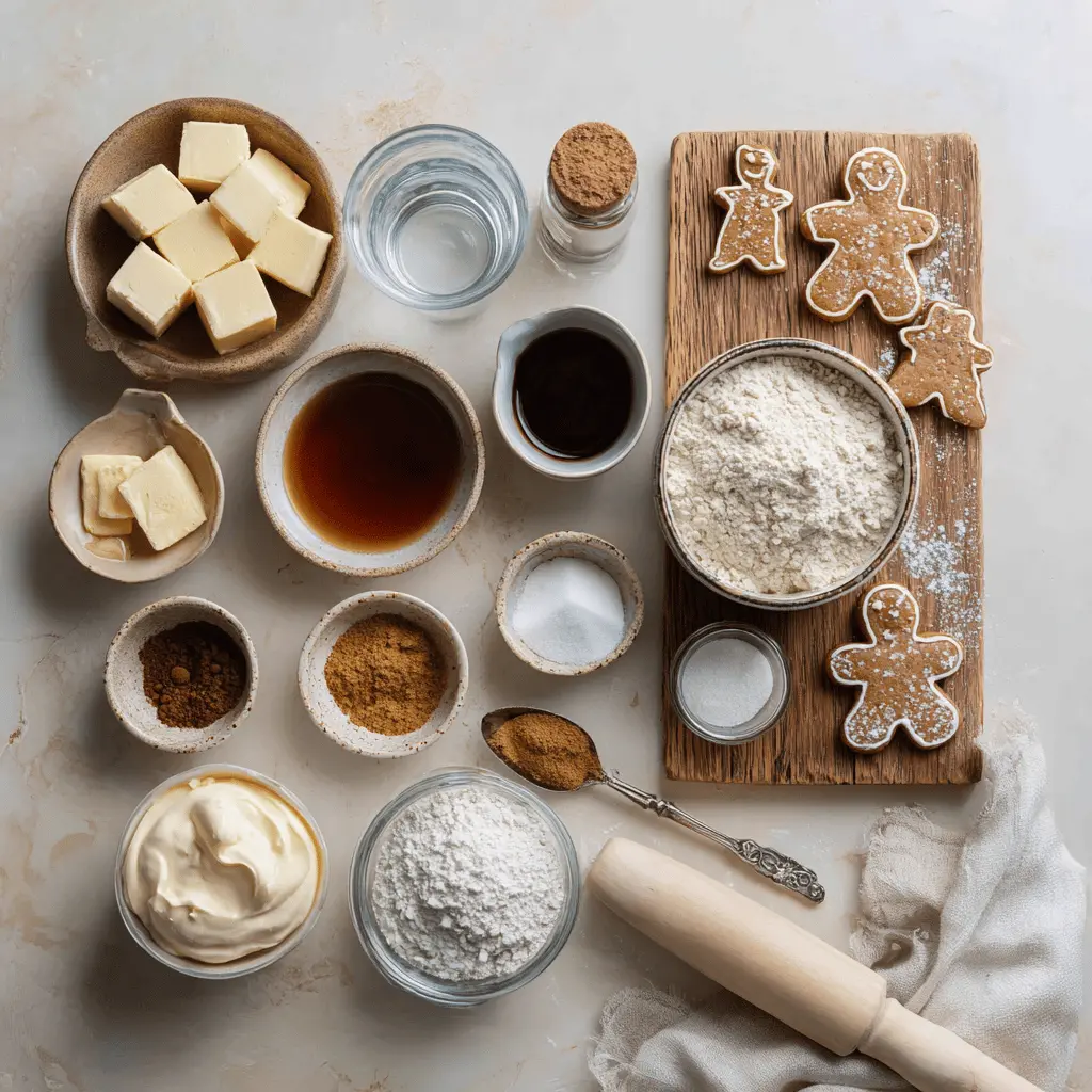 Ingredients laid out for homemade gingerbread man cookies with spices and molasses on kitchen prep surface