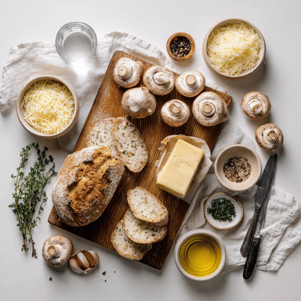 Ingredients for Gourmet Cheesy Mushroom toast including mushrooms, thyme, olive oil, garlic, and fontina cheese