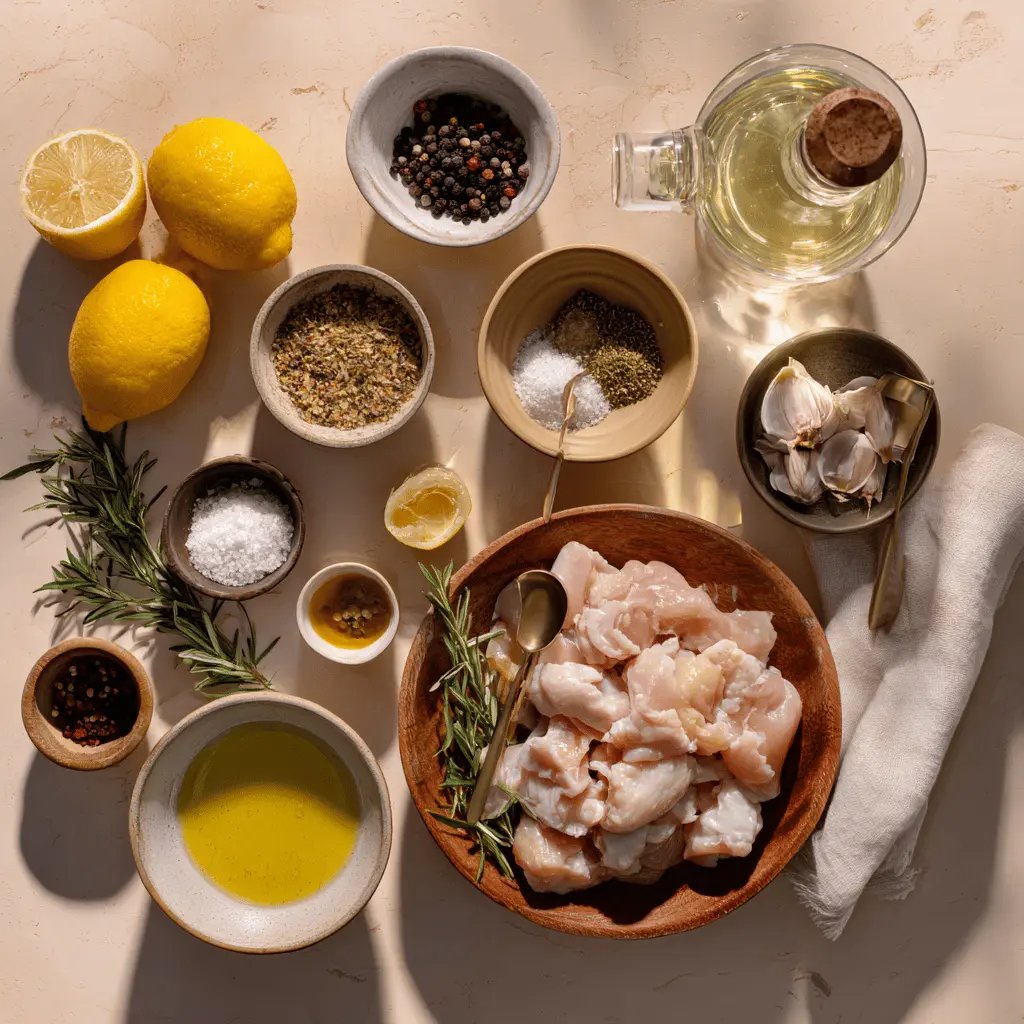 Raw ingredients for grilled chicken thighs including chicken, herbs, garlic, olive oil, and white wine on a wooden board
