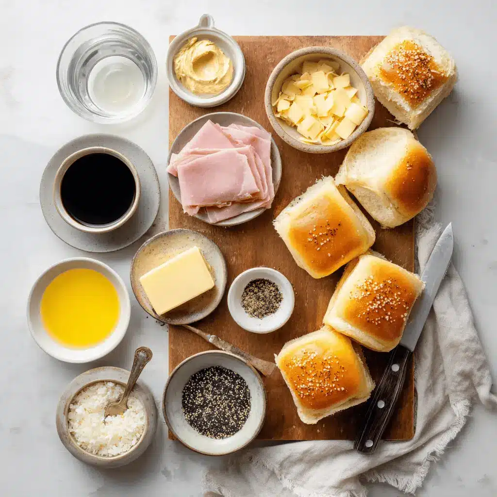 Ingredients for Ham and Havarti Cheese Sliders including Hawaiian rolls, Black Forest ham, Havarti cheese, and butter-Dijon glaze with poppy seeds