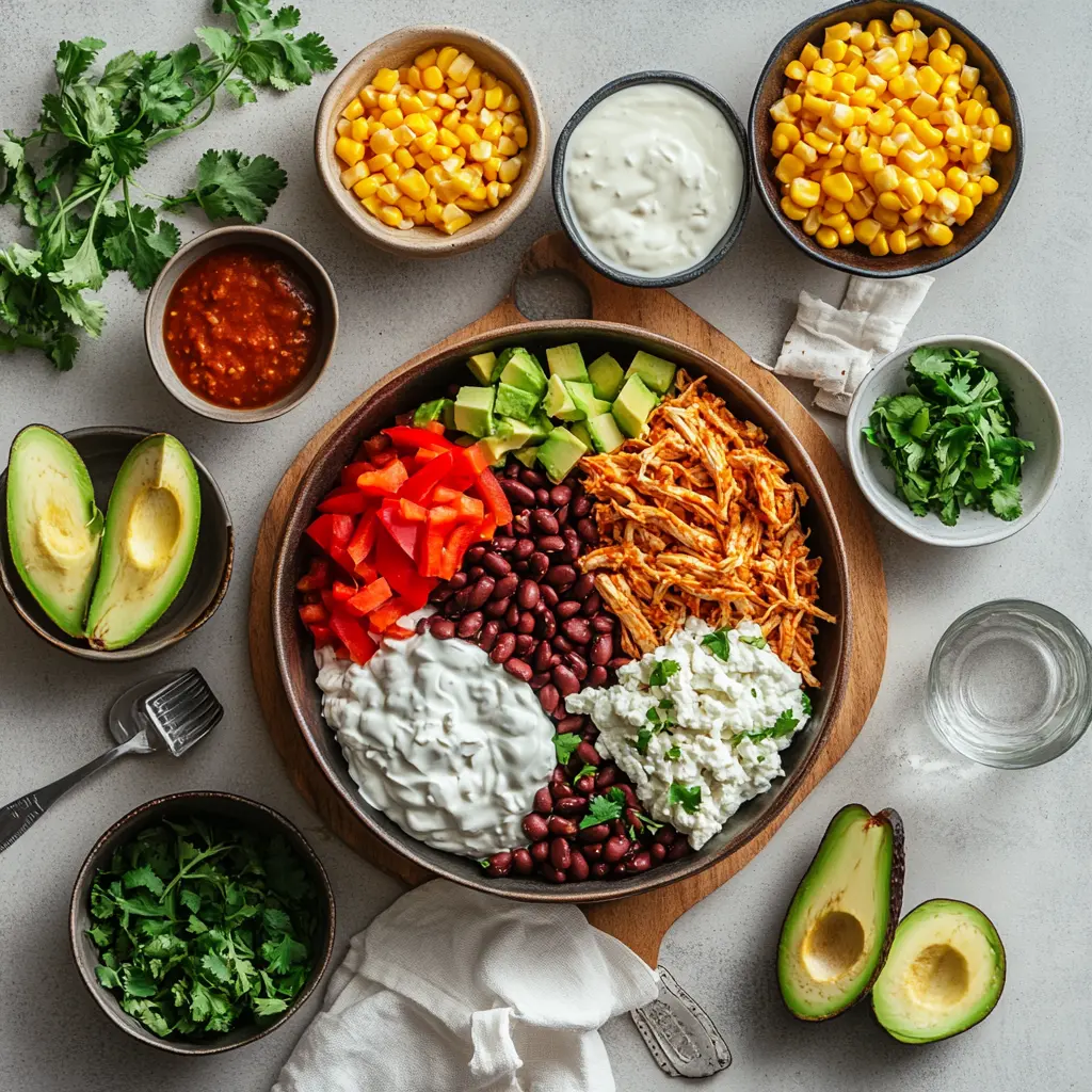Bowl of High Protein Chicken Enchilada with shredded chicken, black beans, avocado, cheese, and cottage cheese base