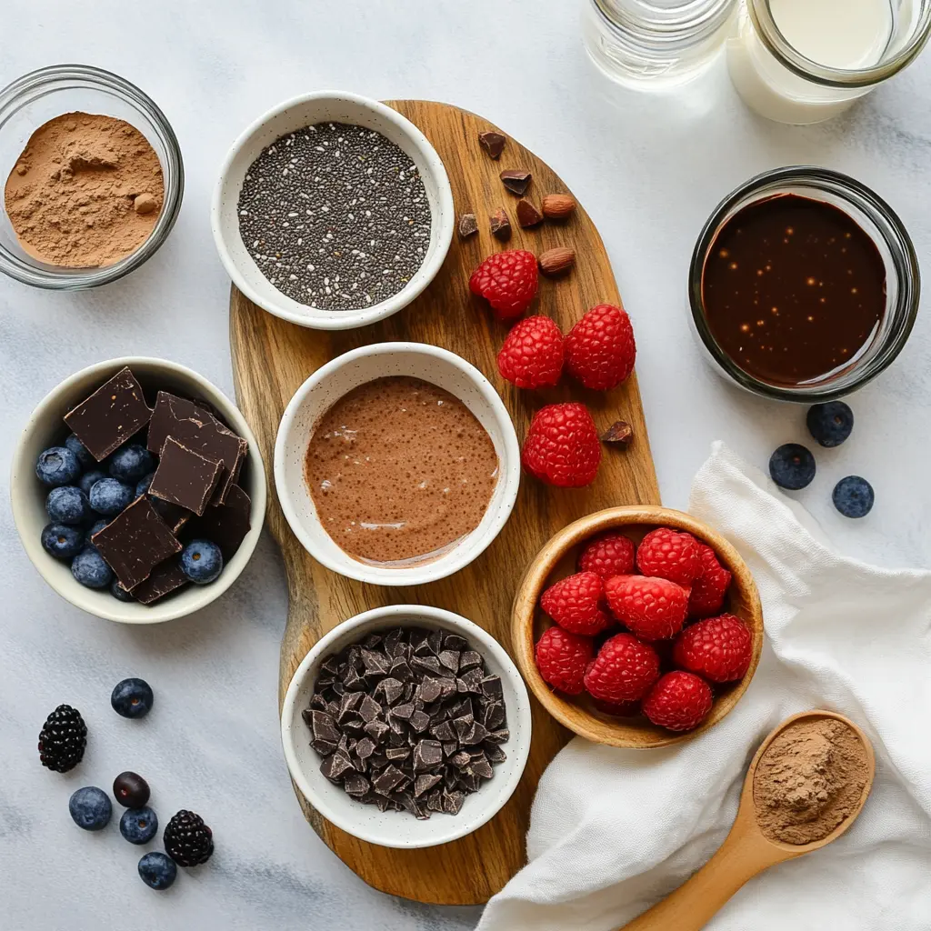 Ingredients for high protein chocolate chia pudding including cocoa powder chia seeds maple syrup and almond milk