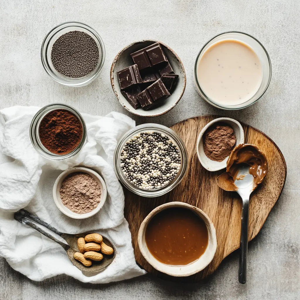 Ingredients for high protein chocolate peanut butter chia pudding on counter: peanut butter, cocoa powder, chia seeds, almond milk