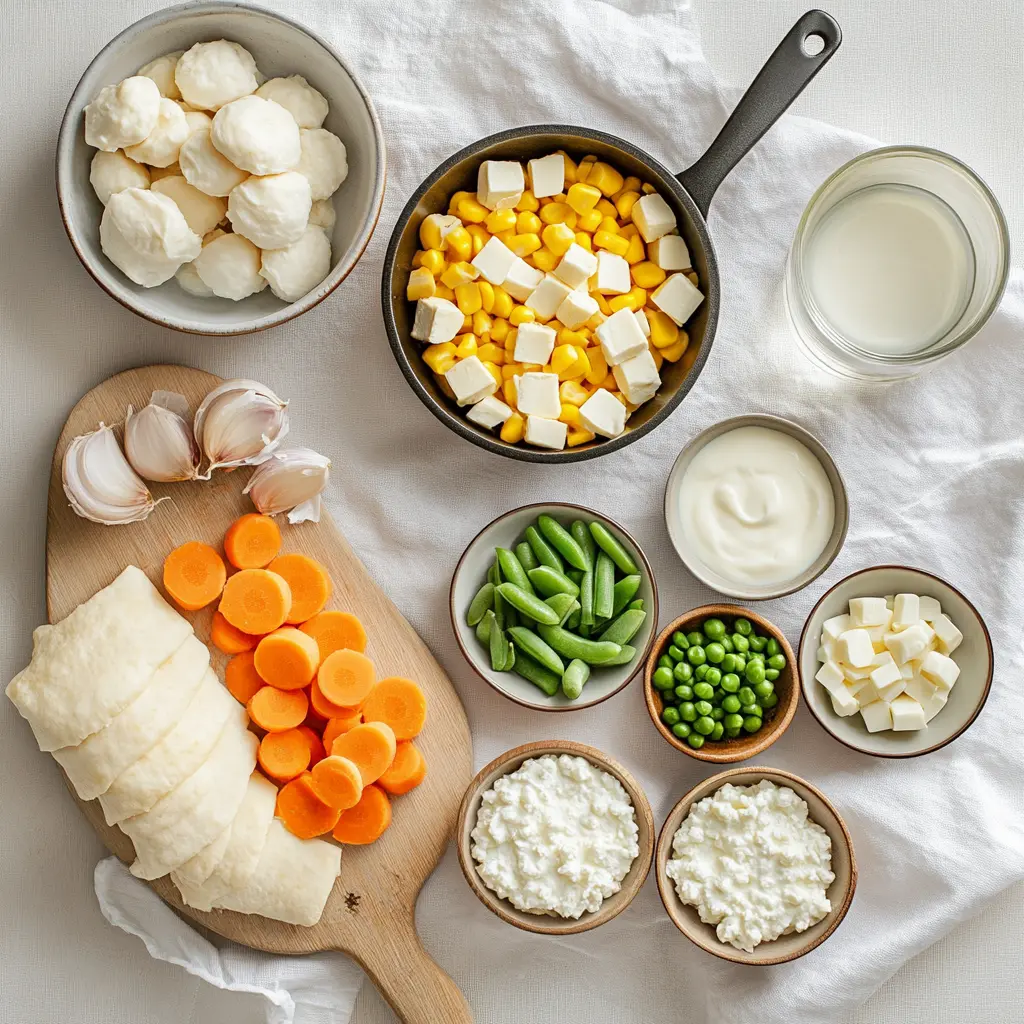 Ingredients for high protein cottage cheese breakfast tacos including eggs, vegetables, cottage cheese, and tortillas displayed on a wooden surface