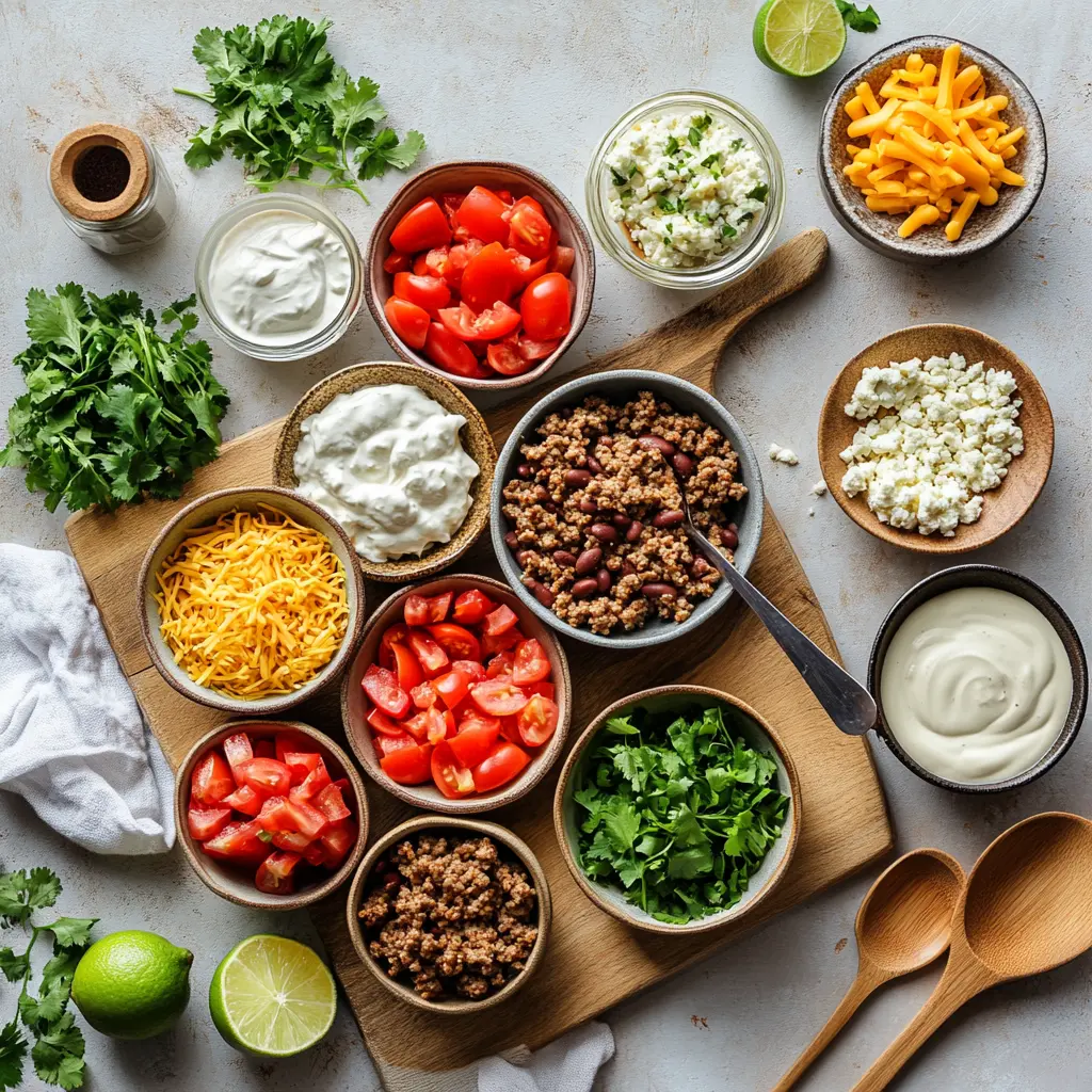 Ingredients for making HIGH PROTEIN CREAMY TACO SOUP including tomatoes, beans, broth, spices, cheese and lime
