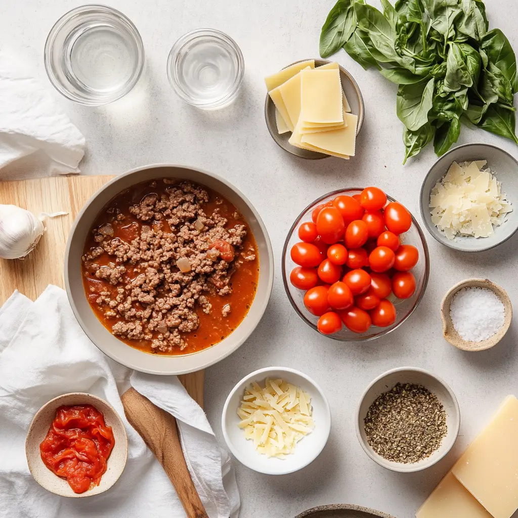 Ingredients for high protein lasagna soup: reginetti pasta, crushed tomatoes, Parmesan cheese, ricotta, lean ground turkey in bowls, on wood surface