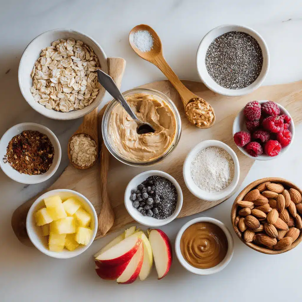High-Protein Overnight Oats Recipe: Deliciously Easy 2 High-Protein Overnight Oats ingredients laid out: oats, yogurt, almond milk, chia seeds, protein powder in jars with fruit garnish