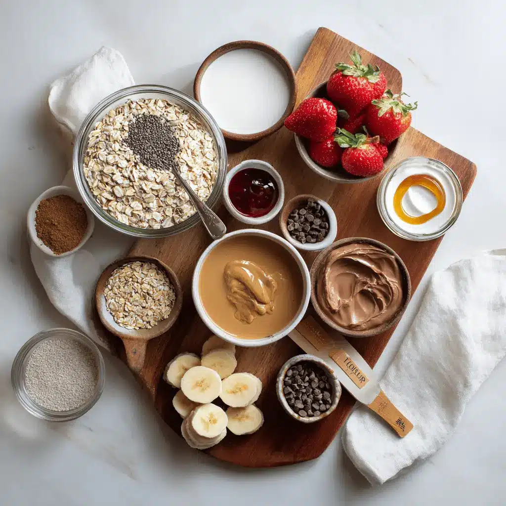 Ingredients for high protein overnight oats including rolled oats, Greek yogurt, almond milk, protein powder, chia seeds, and fruit toppings like strawberries and banana.