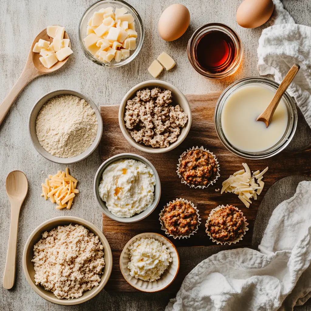 Ingredients laid out for high protein pancake sausage mini muffins including Kodiak mix, sausage, cheese, eggs, milk, and maple syrup