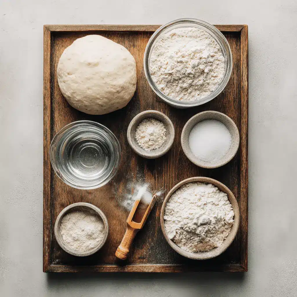 Ingredients for homemade sourdough bread arranged on kitchen towel with active starter and glass of water