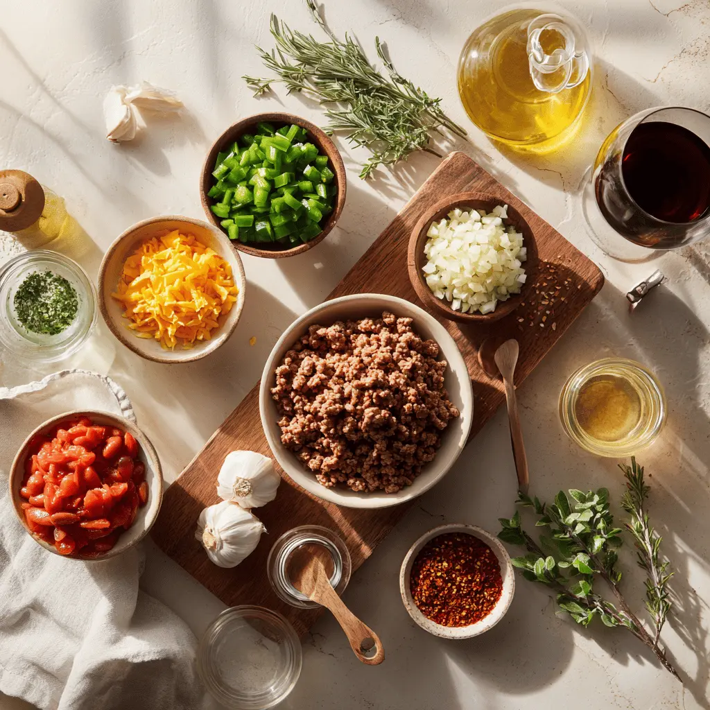 Chopped fresh ingredients for Hairy Bikers Chilli Con Carne including beef, kidney beans, spices, and canned tomatoes.