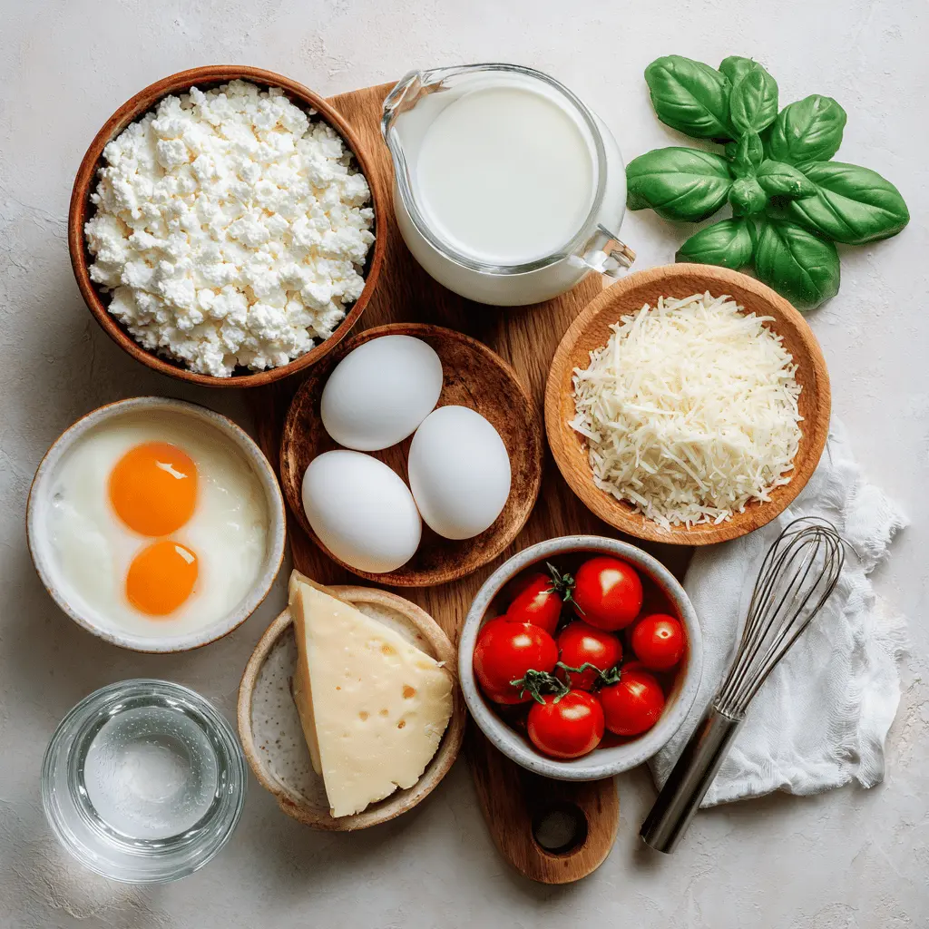 Ingredients for high protein egg casserole featuring cottage cheese, eggs, cherry tomatoes, and herbs on a rustic wood table