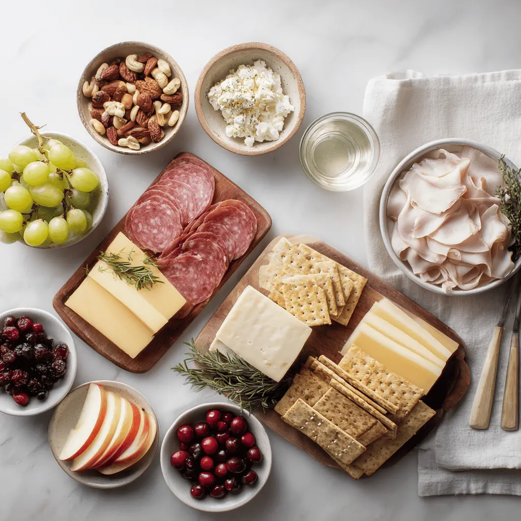 Ingredients for creating a Holiday Themed Charcuterie board including salami, prosciutto, aged cheddar, brie, apples, grapes, and festive herbs
