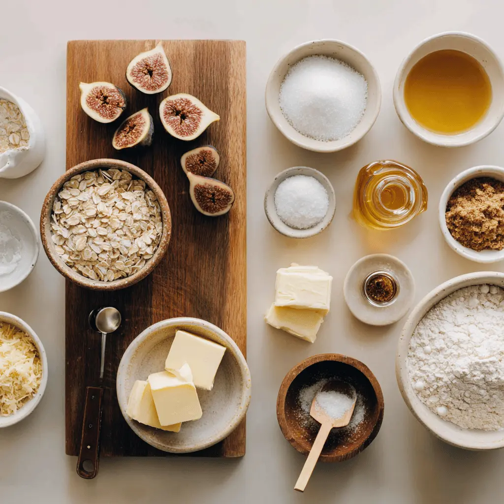 Ingredients for Homemade Fig Bars Oatmeal including rolled oats, fresh figs, brown sugar, and lemon zest arranged on kitchen counter