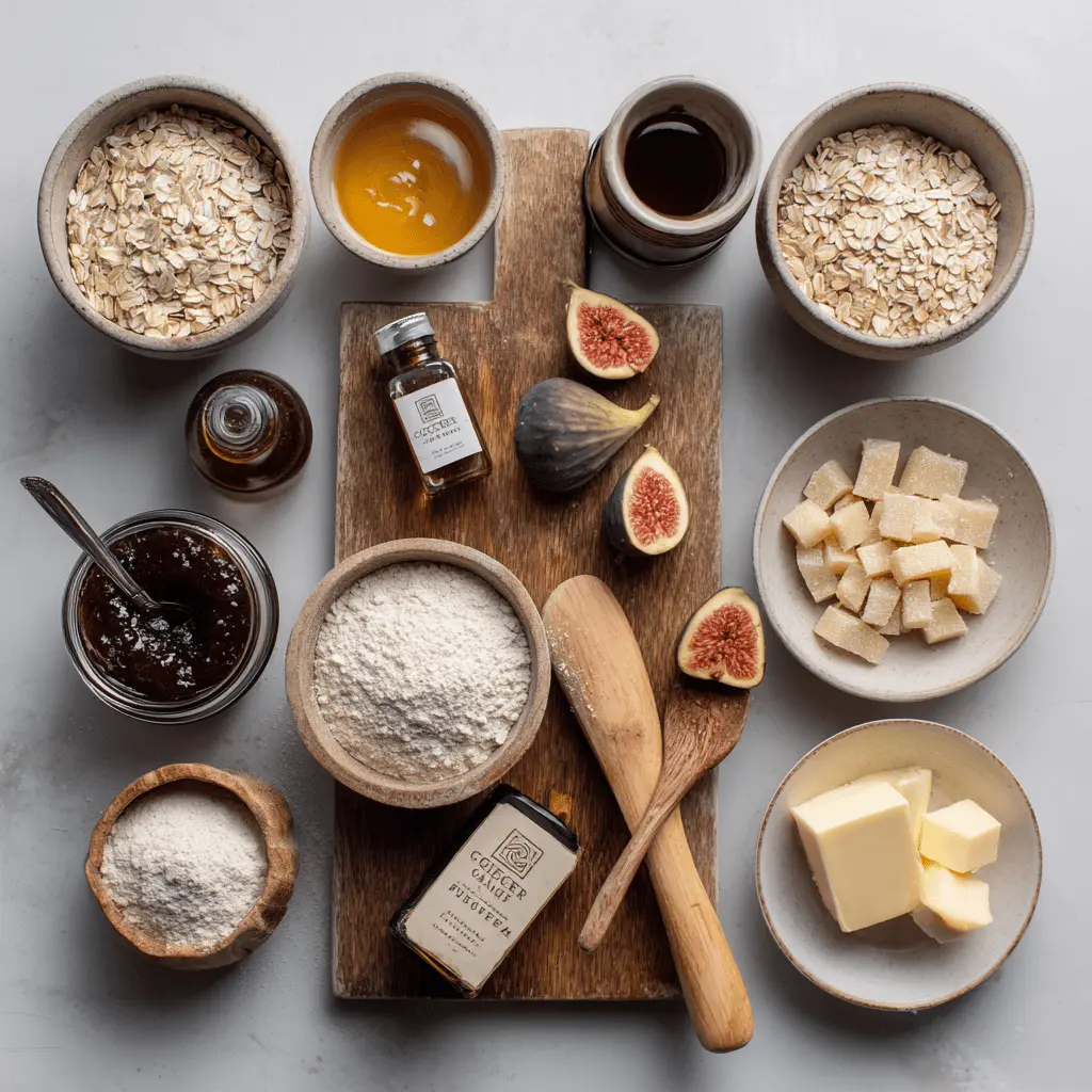 Ingredients for homemade fig bars including oats, butter, fresh figs, and lemon zest styled on white linen