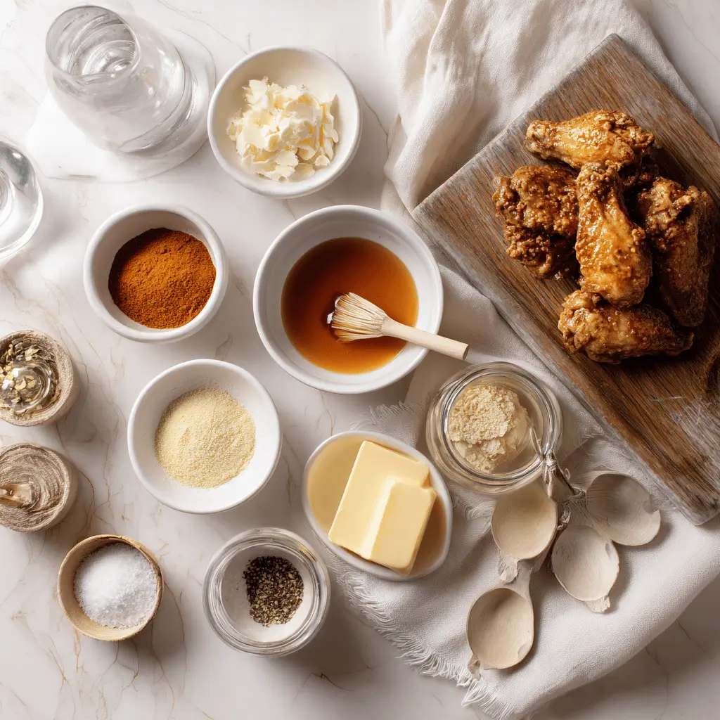 Honey Buffalo Wings: Easy and Irresistibly Delicious 2 Ingredients for Honey Buffalo Wings including raw chicken wings, honey, buffalo sauce, unsalted butter, garlic powder, paprika, and salt on marble countertop