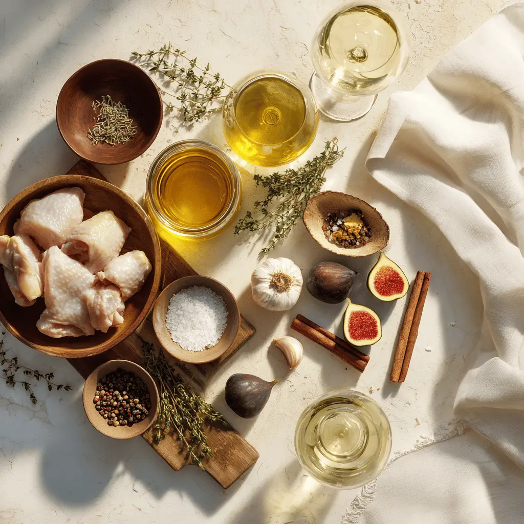 Close-up of ingredients for honey roasted chicken with sweet figs, including fresh figs, garlic, honey, and seasoned chicken thighs on a white napkin