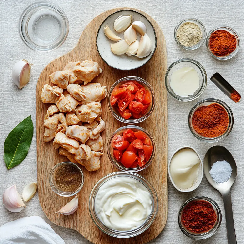 Ingredients for homemade Indian butter chicken arranged on kitchen counter including spices, chicken, dairy, crushed tomatoes