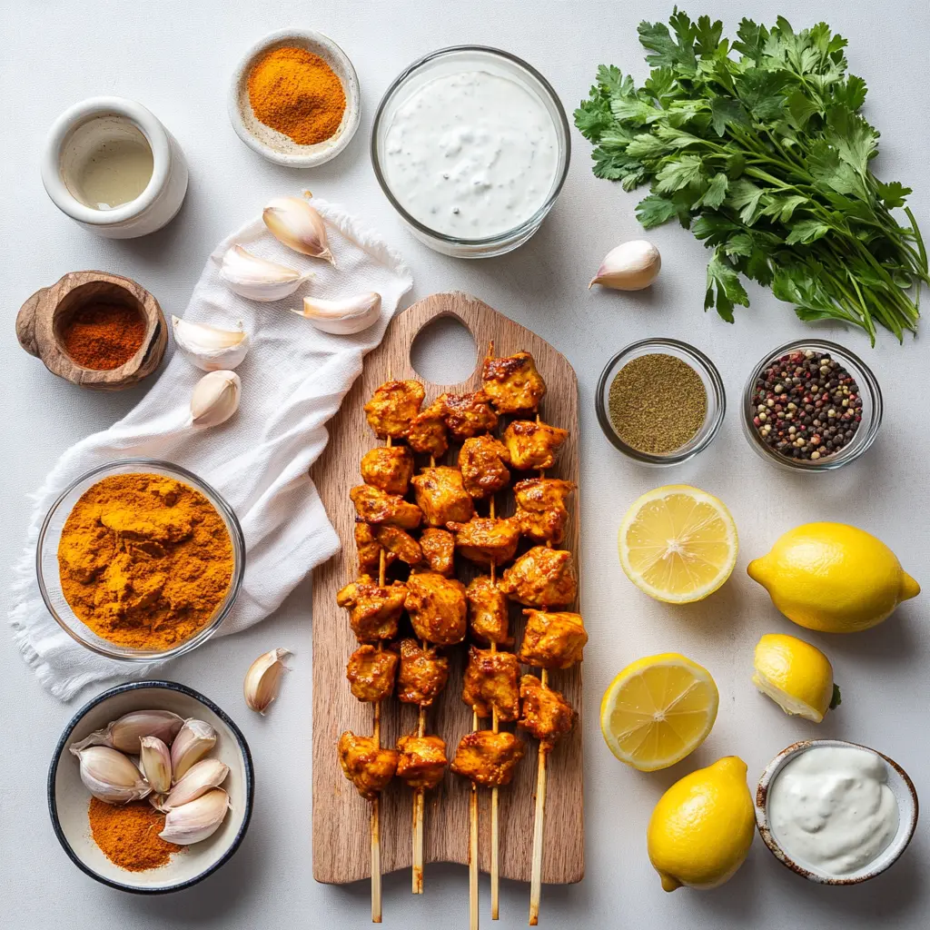 Ingredients for Indian Tandoori Chicken Tikka Kebab Skewers, including chicken pieces, yogurt, lemon, and spices arranged on a table