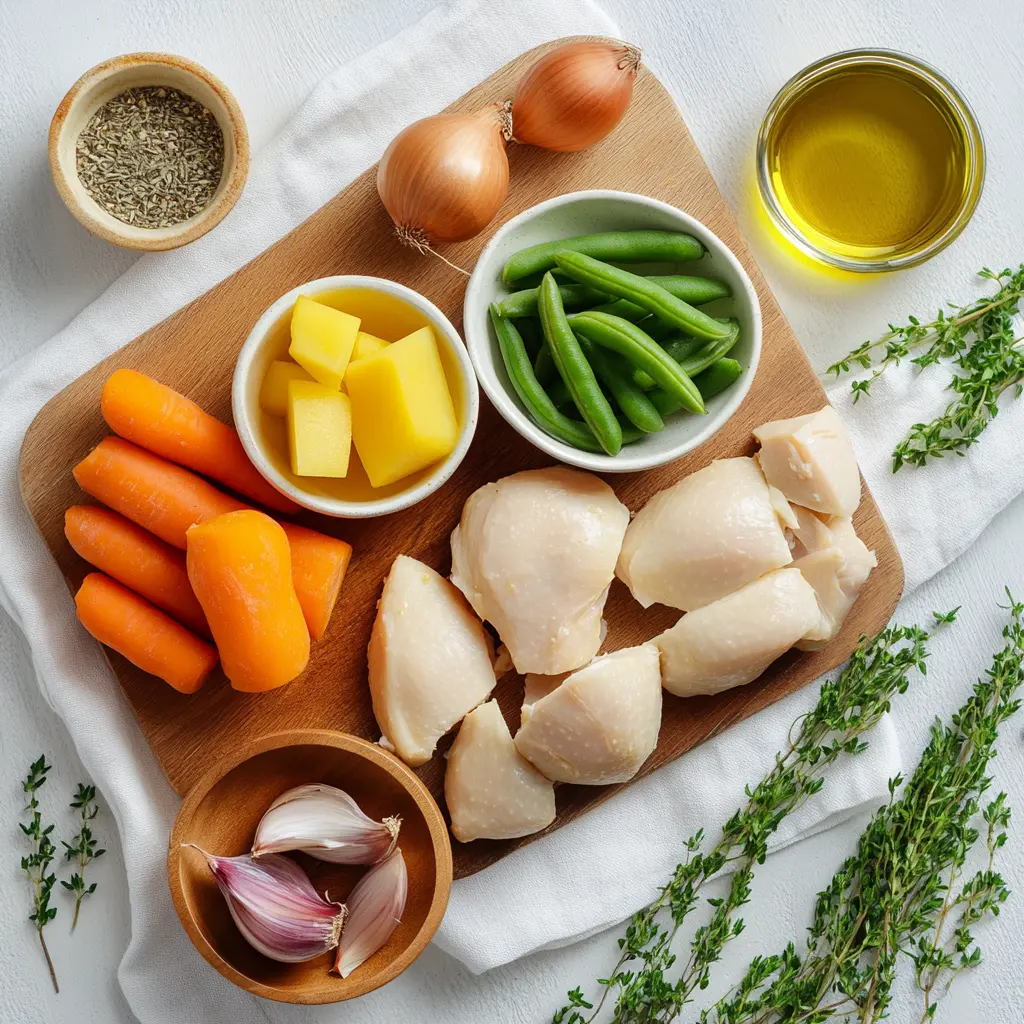 Ingredients for Instant Pot Homestyle Chicken and Vegetables on wooden table - raw carrots, potatoes, chicken thighs, herbs, and onion