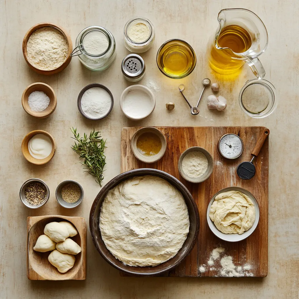 Italian ciabatta bread ingredients on wooden board including bread flour, olive oil, and yeast for Paul Hollywood rustic recipe