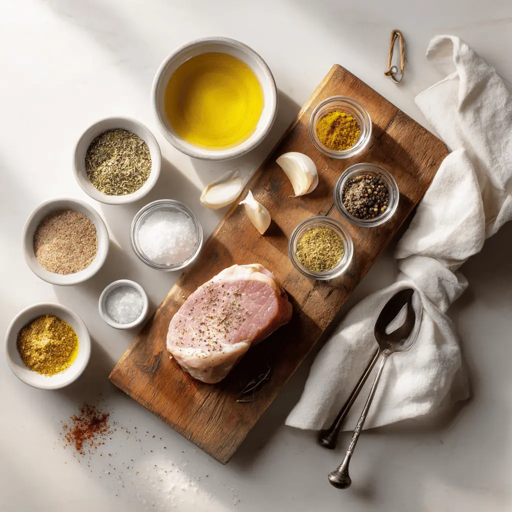 Top view of simple pantry-friendly ingredients used to make Juicy Air Fryer Pork Tenderloin including spices, oil, and pork on a wooden surface