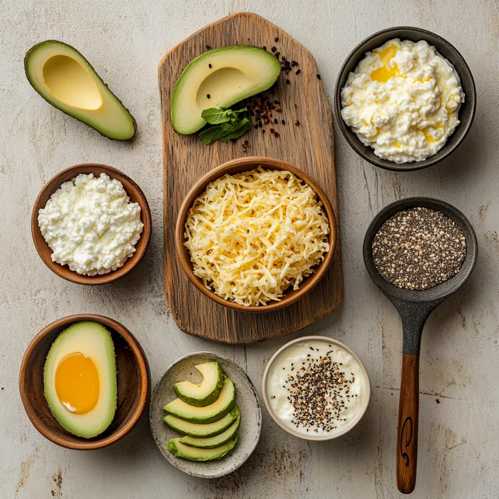Ingredients for LOADED HASH BROWNS including avocado, scrambled eggs, cottage cheese, and everything bagel seasoning arranged on napkin