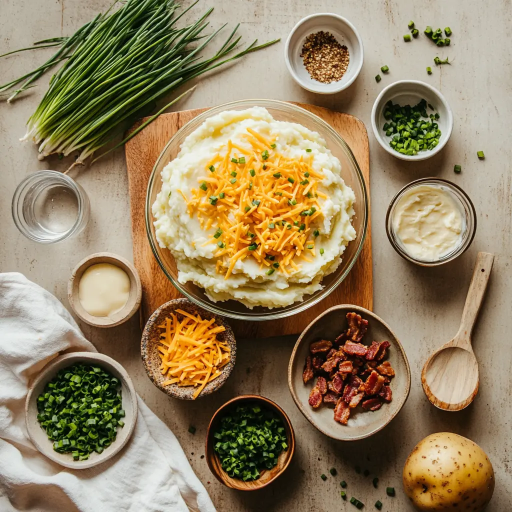Ingredients for Loaded Mashed Potatoes including Russet potatoes, cheddar cheese, bacon, sour cream, chives, butter, and half-and-half laid out on a white cloth