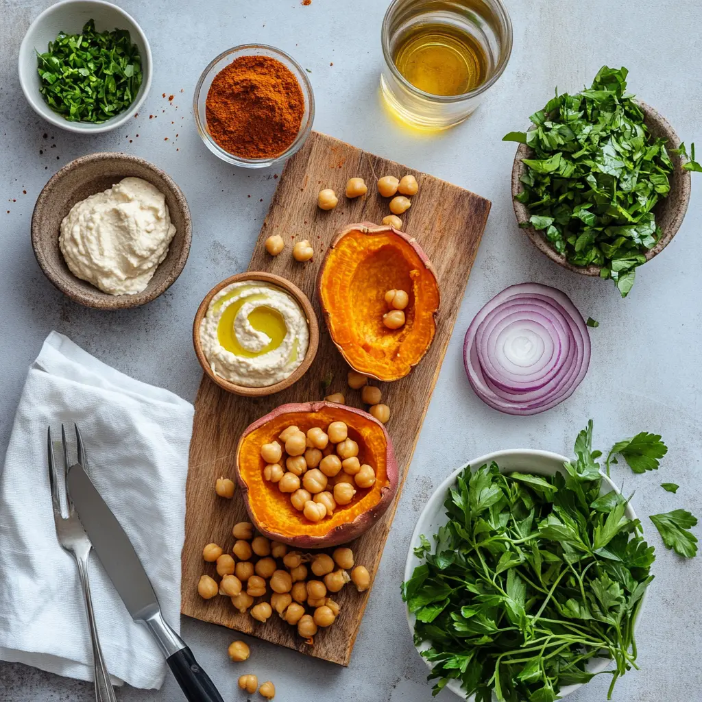 Ingredients for Loaded Roasted Sweet Potato including hummus, crispy chickpeas, red onion, herbs, vegan feta, and olive oil