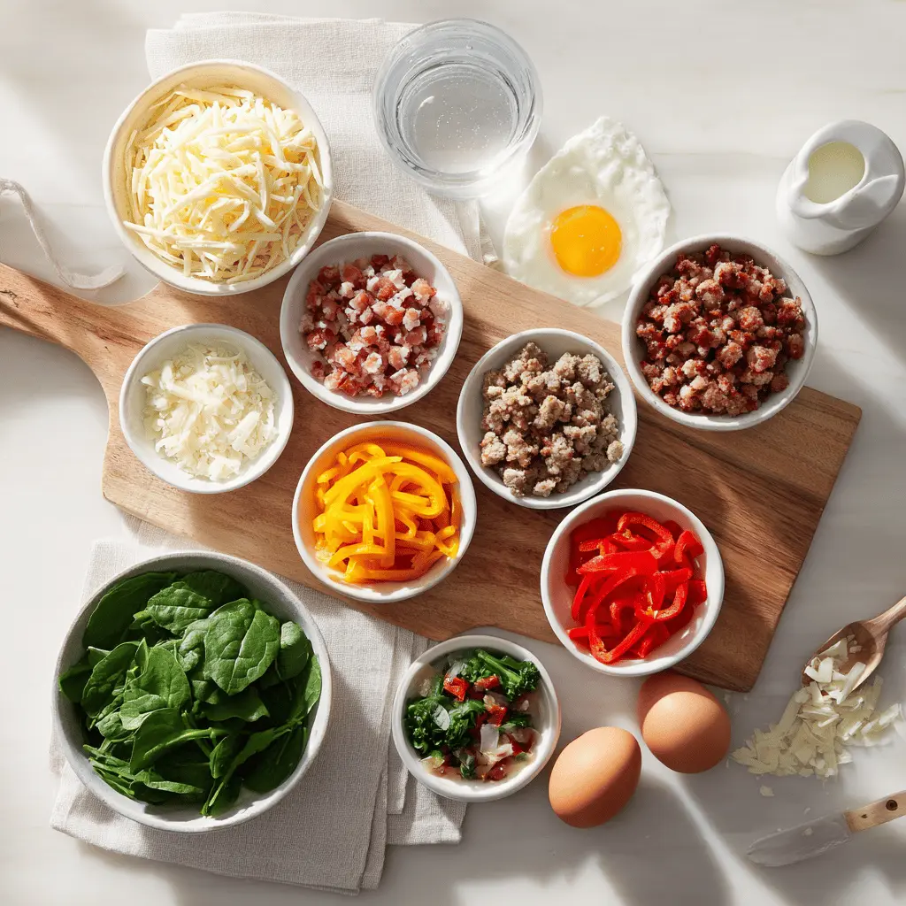 Overhead view of golden make-ahead egg muffins with melty cheese, crispy bacon, diced peppers, spinach, and crumbled sausage on a white plate