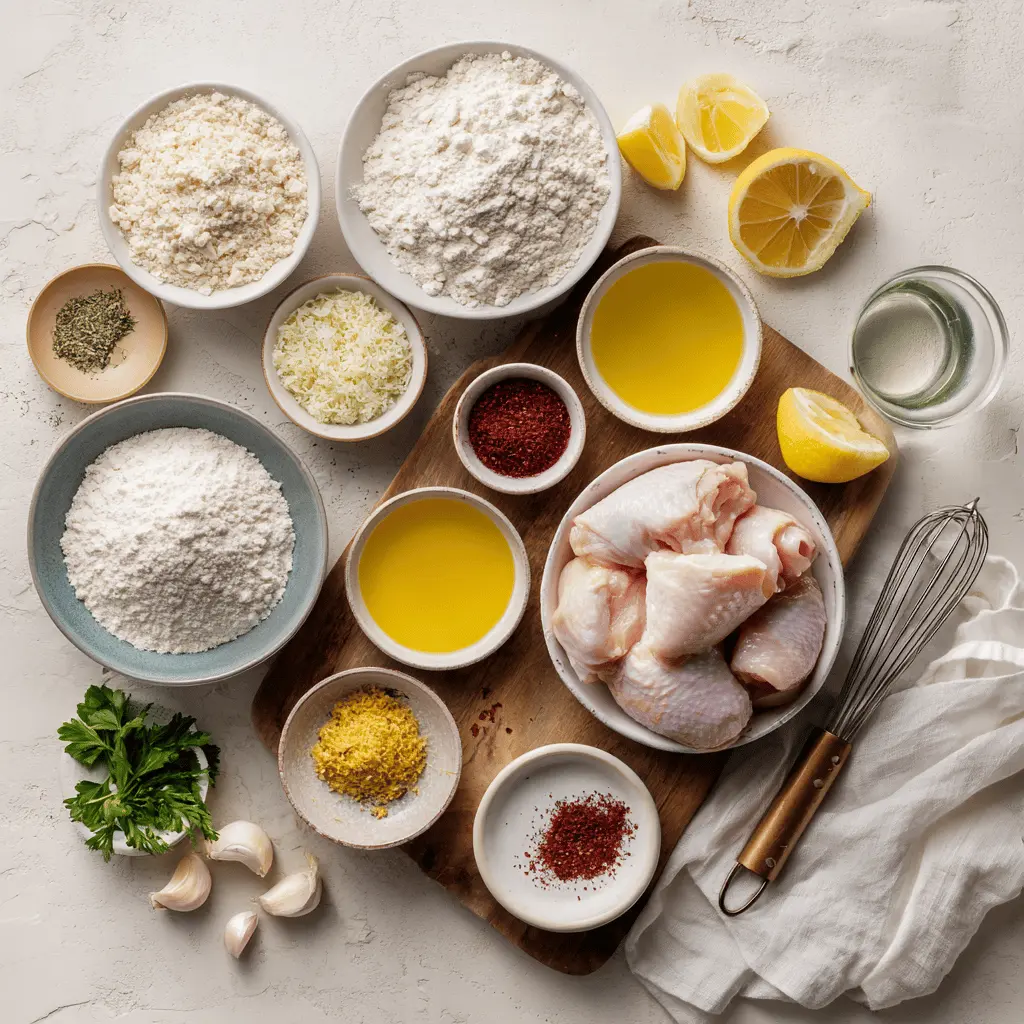 Ingredients for Ninja Crispi chicken thighs on white background including bone-in skin-on chicken, paprika, garlic powder and olive oil