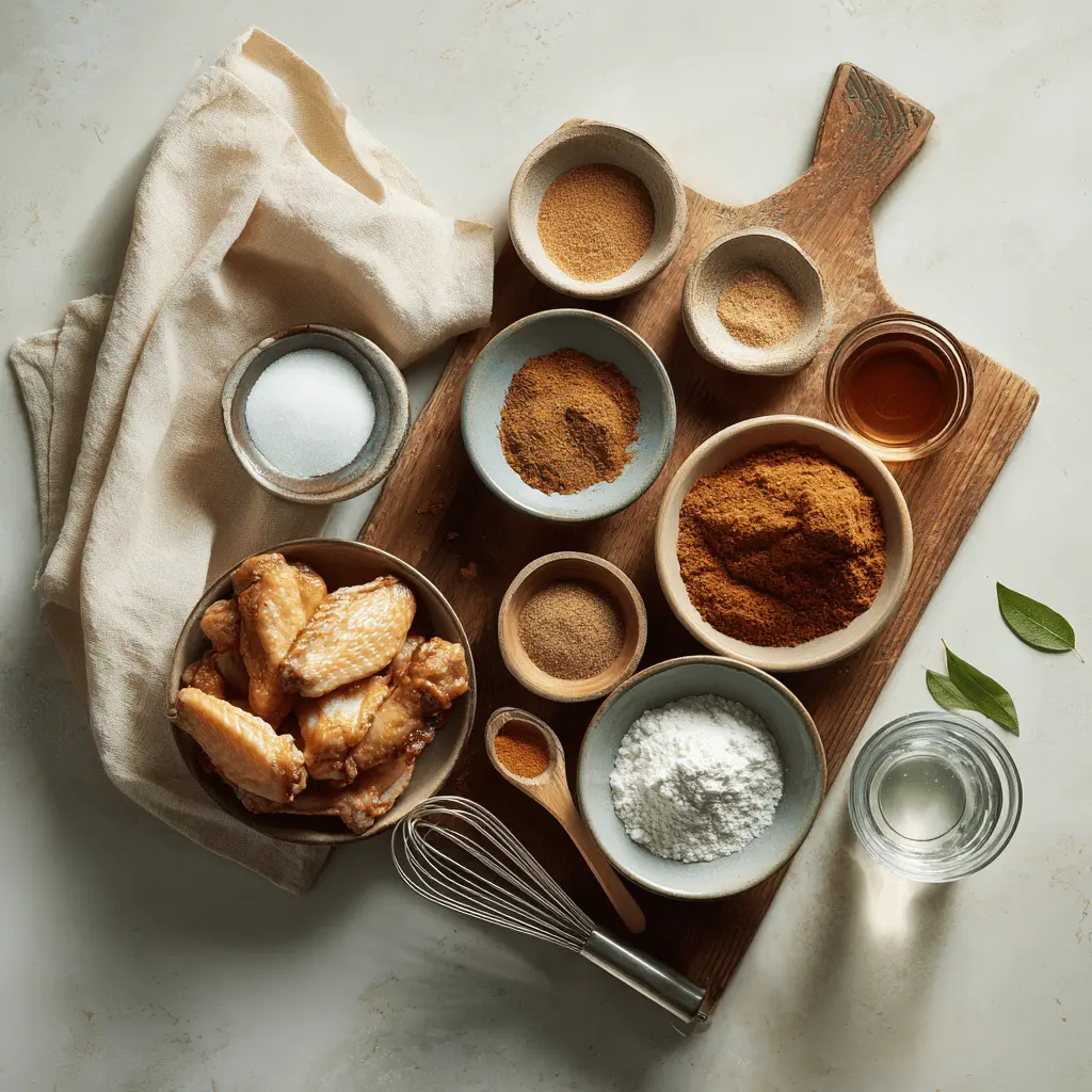 Ingredients for Ninja Foodi Chicken Wings: raw wings, spices, and brown sugar on a white napkin with a glass of water beside them