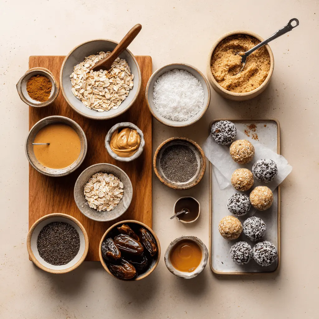 Ingredients for No-Bake Peanut Butter Protein Balls displayed on a baking sheet, including oats, peanut butter, protein powder, and dates