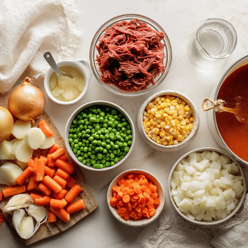 Ingredients laid out for old-fashioned vegetable beef soup, including roast, potatoes, carrots, frozen beans, and broth