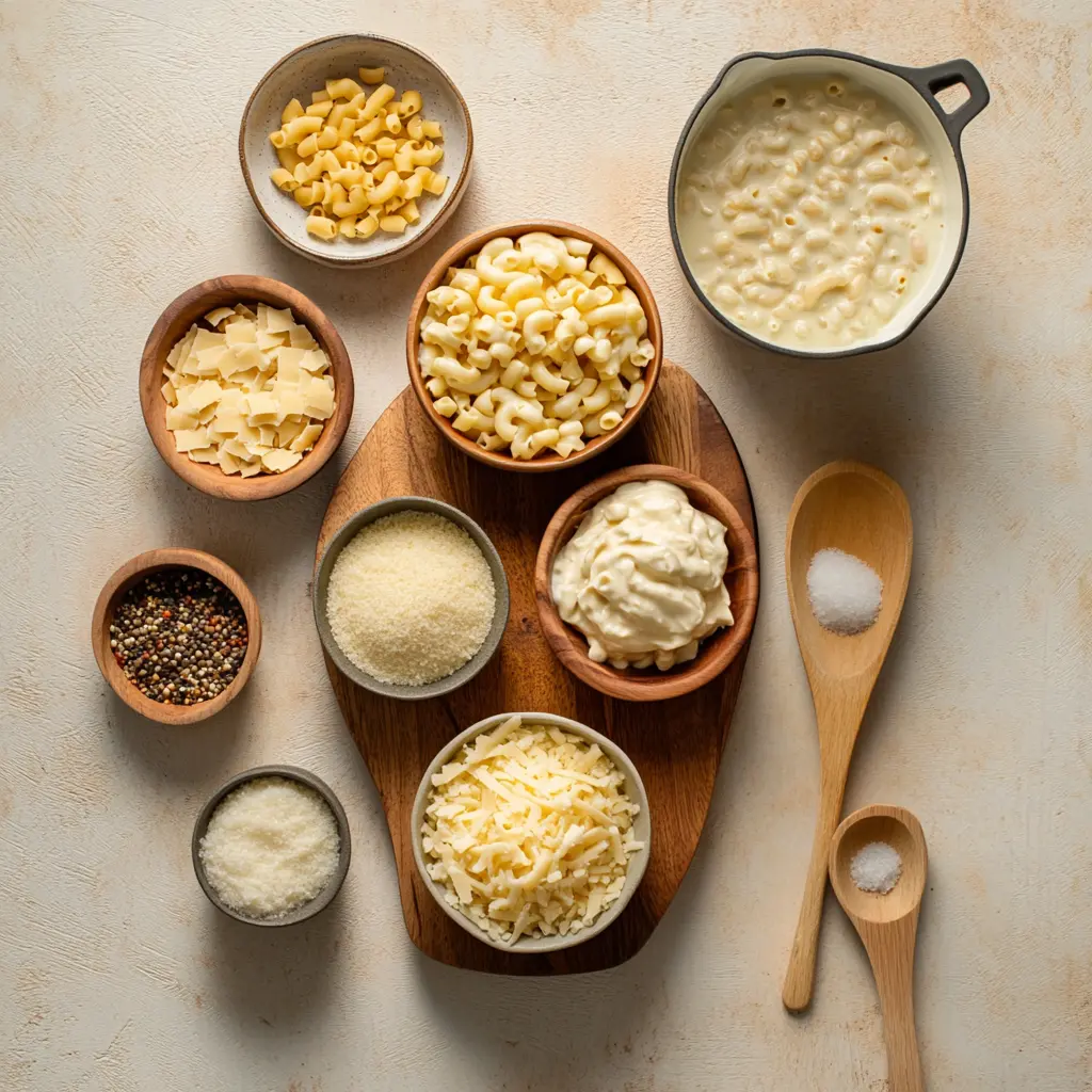Ingredients arranged on a table to make One Pot Creamy Mac and Cheese Stovetop, including cheddar, mozzarella, cream, and pasta.